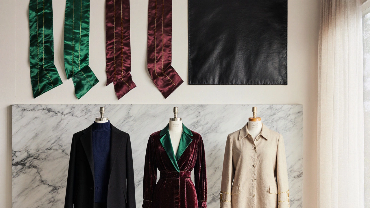 Флэт‑лей с тканями: шелк, кашемир, кожа, ткань и золотой нить, и манекен в комплектах этих цветов.