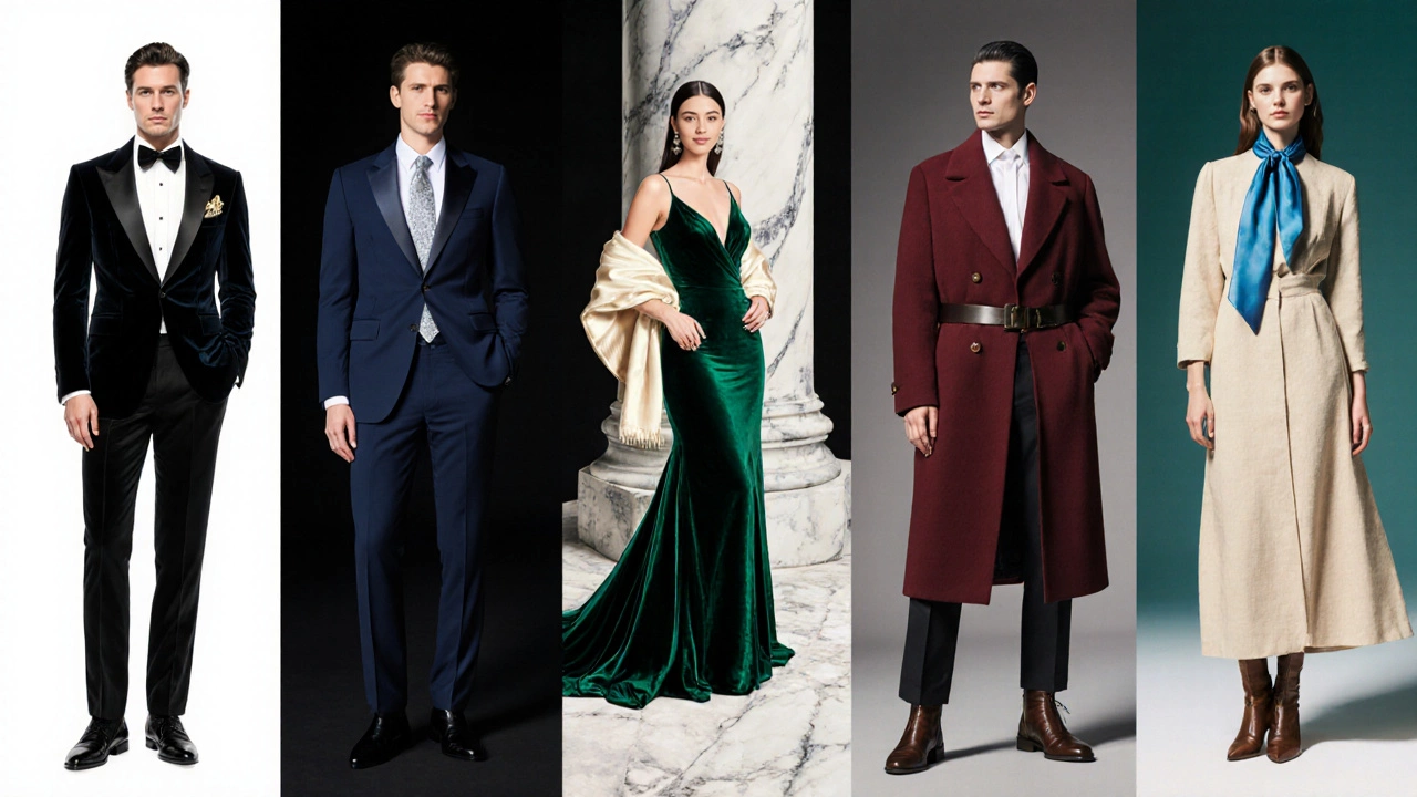 Коллаж из пяти образов: черный, темно‑синий, изумрудный, бордовый и бежевый с подходящими аксессуарами.