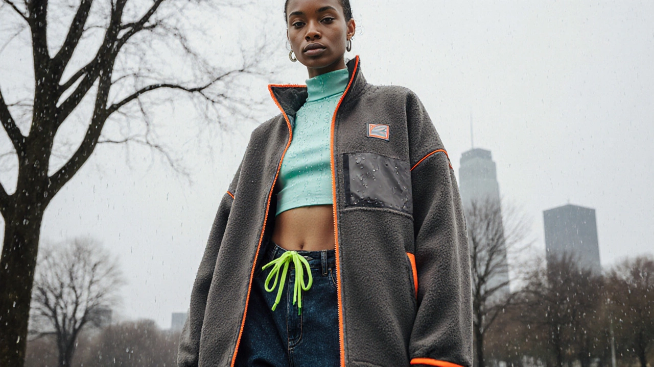 Модель под дождём в экологичной oversized куртке с неоновыми деталями и двойным денимом.