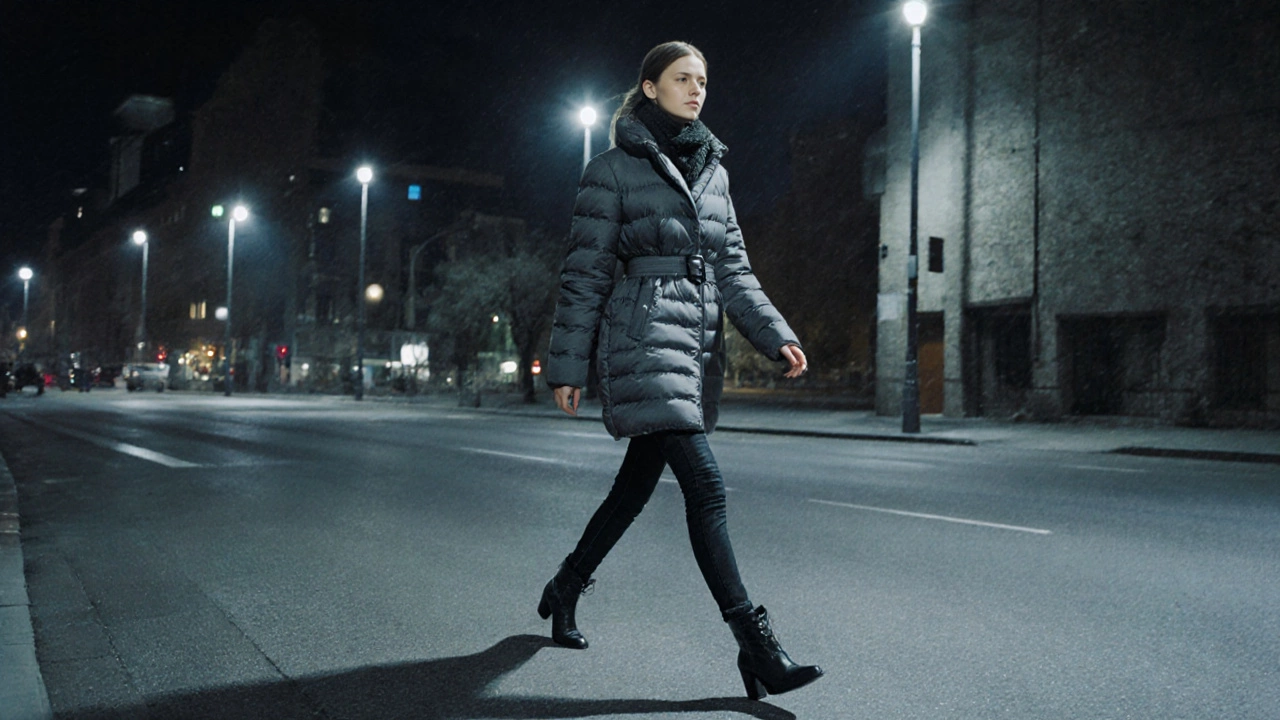 Модель в облегающем темном пуховике с поясом, худой фигурой, на вечерней городской улице.