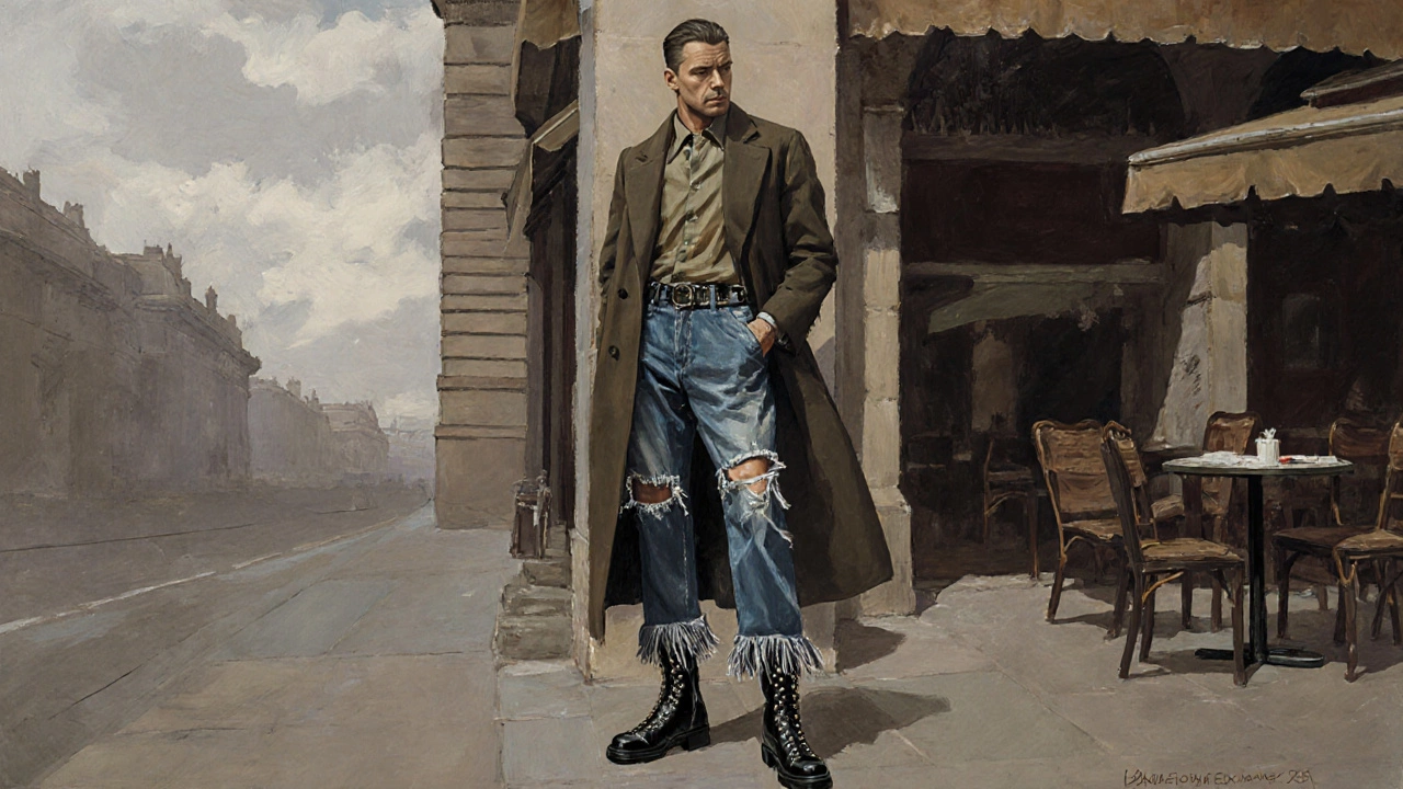 Мужчина в несочетаемых элементах одежды: бахрома, дырки на джинсах, тяжелые ботинки.