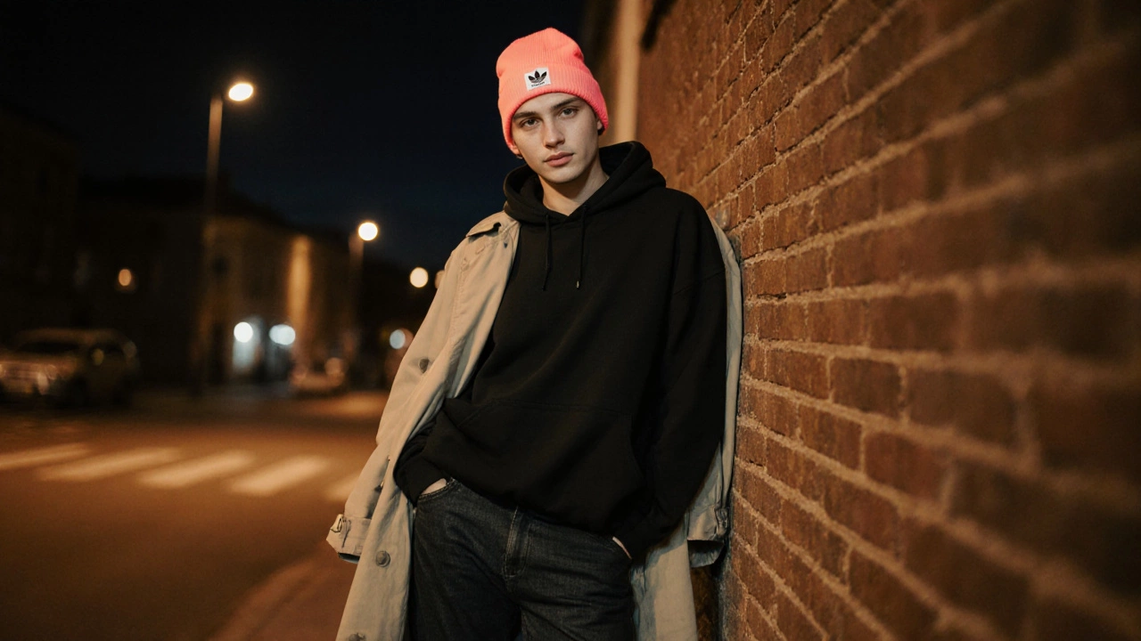 Портрет молодого человека в Москве: черный худи, неоновая кепка, экологичный плащ и кроссовки.