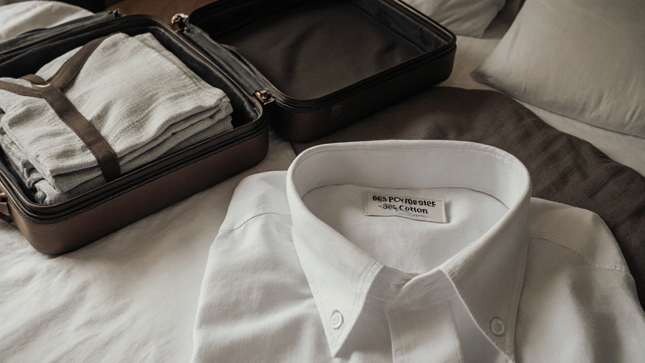 Распакованный чемодан: мятые хлопковые рубашки и гладкая синтетическая футболка с этикеткой.