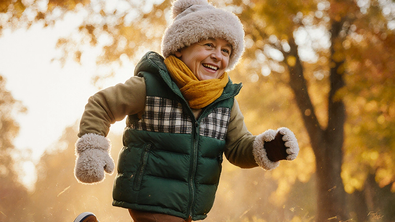 Ребёнок в ярких аксессуарах и стильных деталях играет среди золотой листвы.