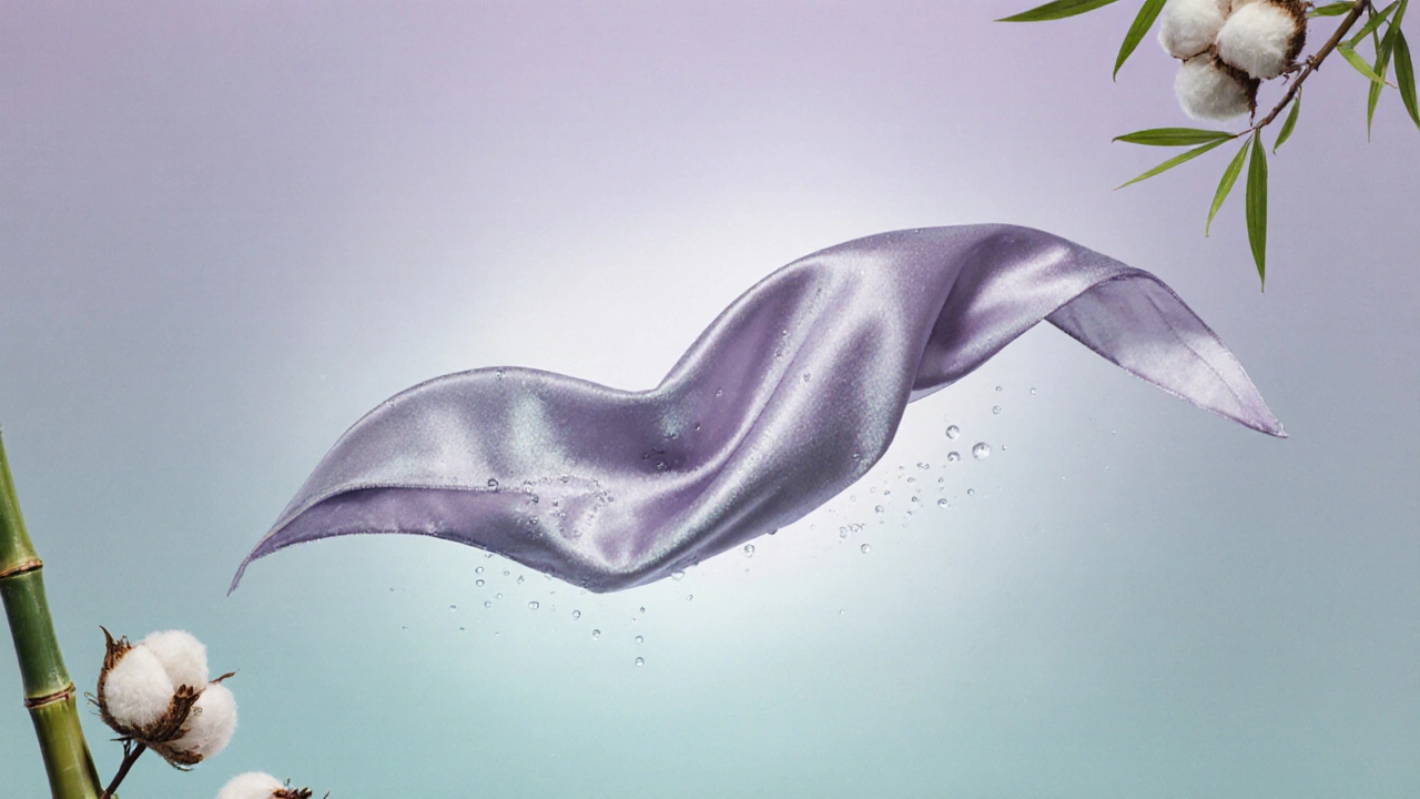 Шелковый шарф плавно парит в мягком свете, с каплями воды и абстрактными элементами.