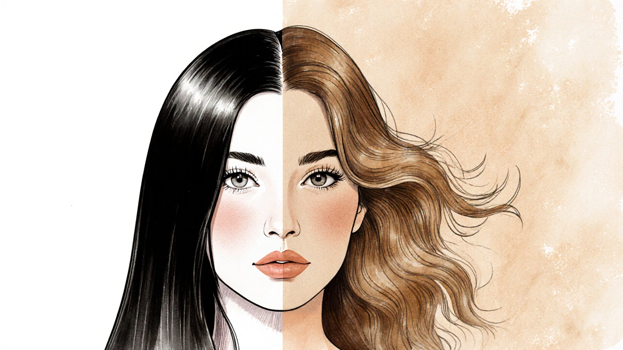 Сравнение: идеальные прямые волосы слева и естественные волны справа — символ свободы.