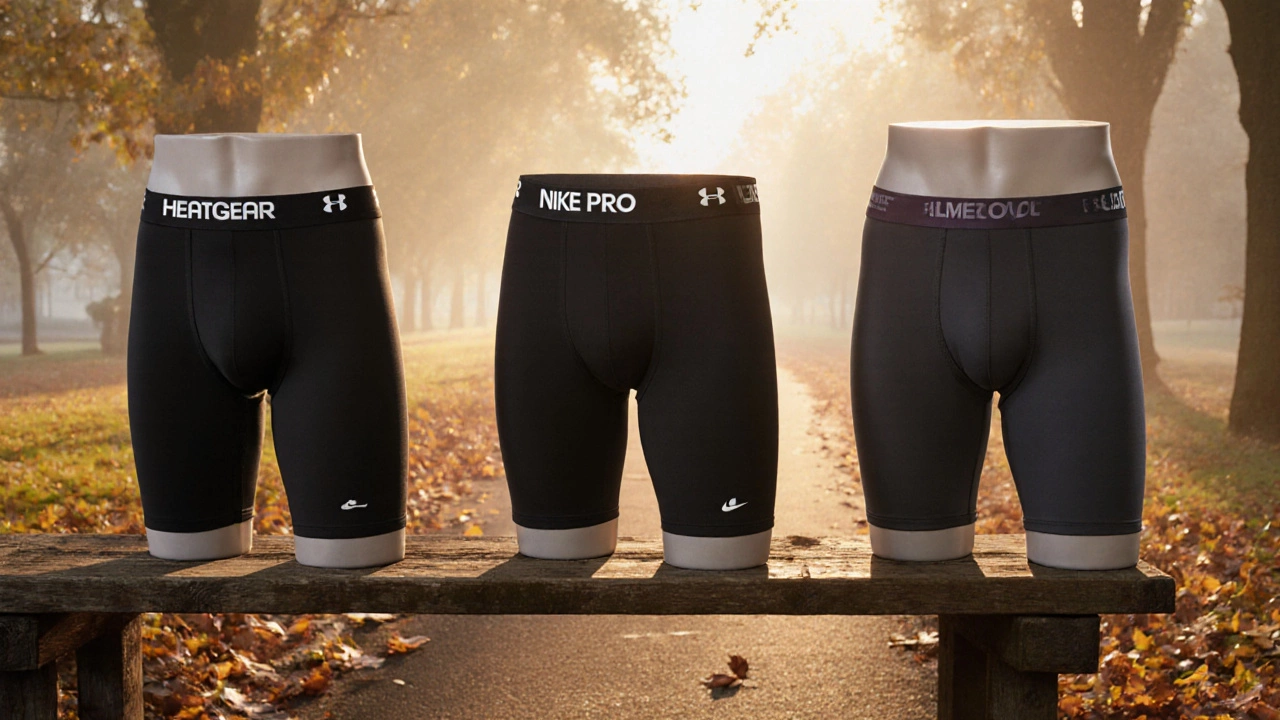 Три модели мужских беговых трусов на деревянной скамье в осенней атмосфере.