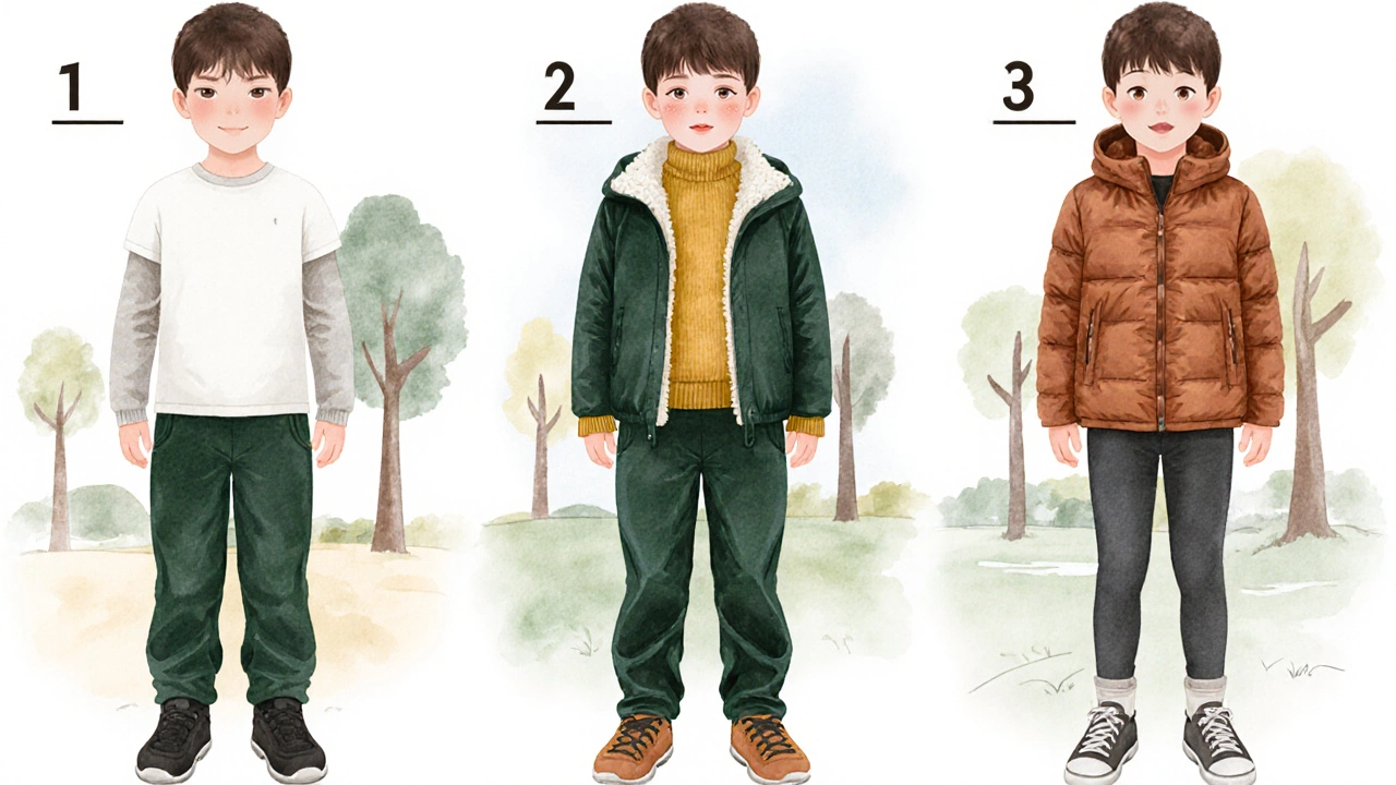 Три ребёнка показывают разные варианты слоёв одежды для 18 °C в парке.