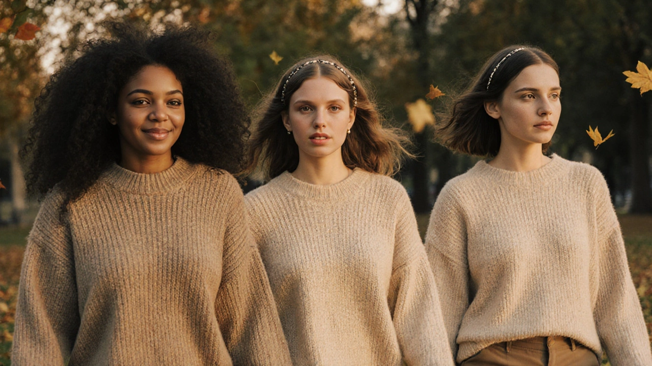 Три женщины с разными типами волос гуляют в парке, волосы распущены, нейтральная одежда.