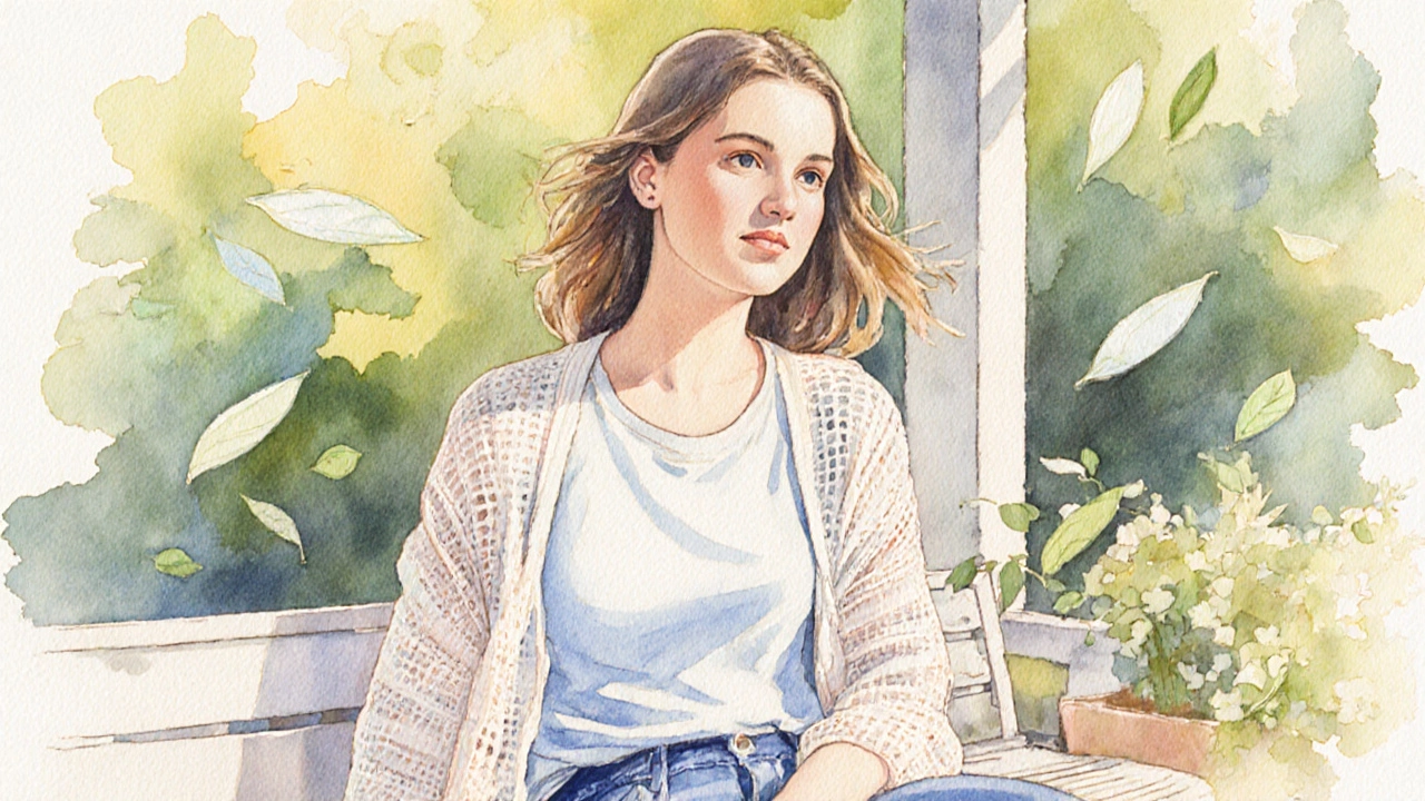 Женщина в микрофибровой футболке и бамбуковом кардигане на летней террасе.