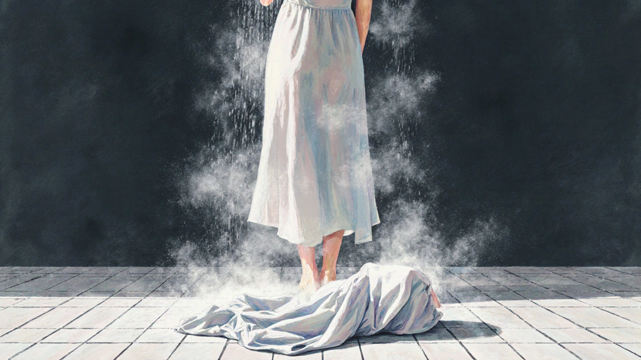 Женщина в вискозовом платье в ванной, пар разглаживает складки, на полу мятая ткань.