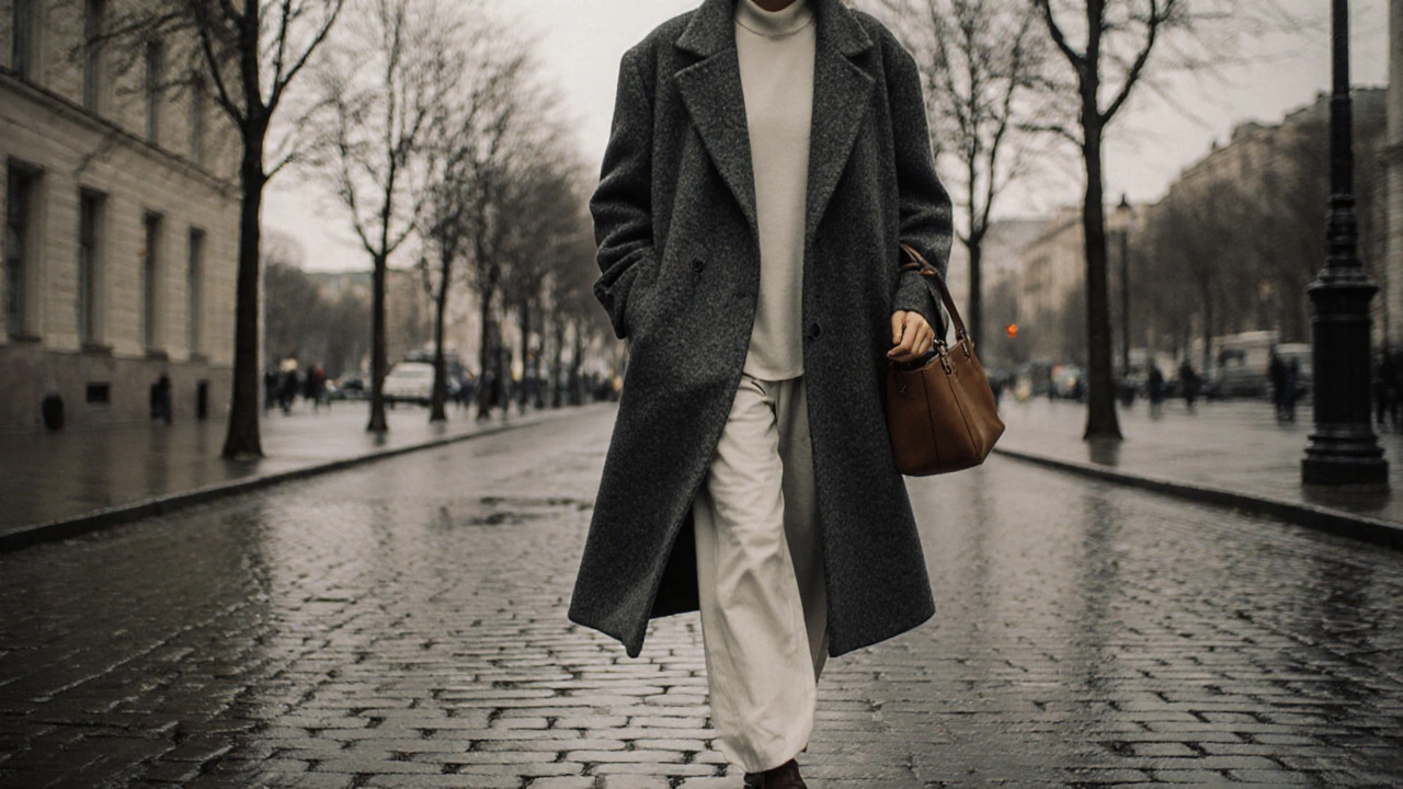 Человек идёт по мокрой улице в нейтральной одежде в тёплых тонах