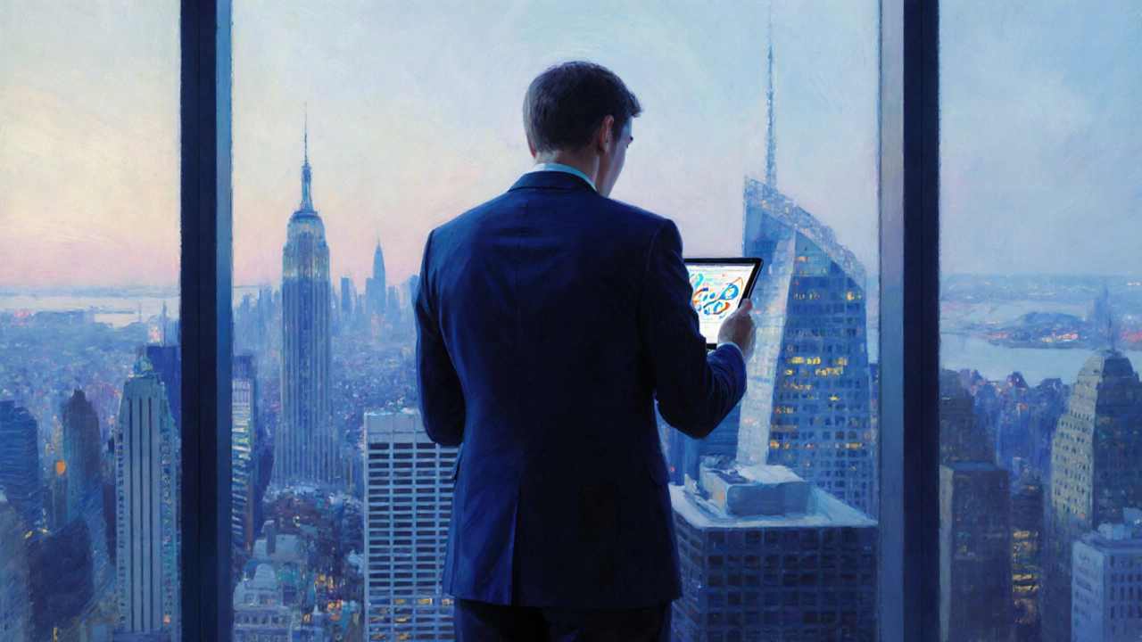 Человек в темно-синем костюме стоит у окна с видом на город, утренний свет отражается на ткани.