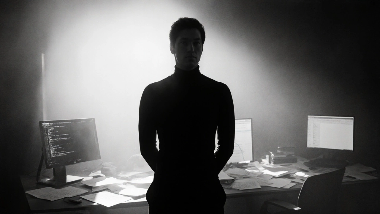 Черная силуэтная фигура в тихой комнате с мониторами, поглощает свет, высокий контраст.