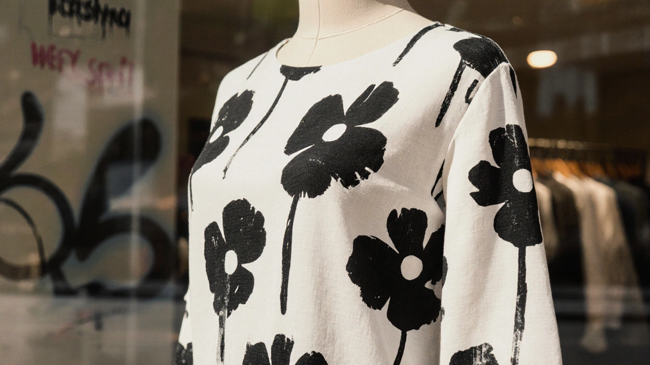 Черно-белые маки в виде трафаретного принта на хлопковом платье в витрине магазина.