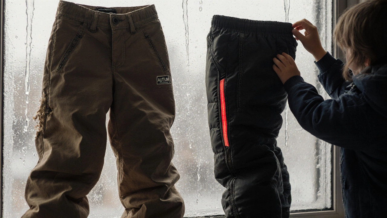 Две пары зимних брюк на подоконнике: тонкие и толстые, с деталями утепления и влагозащиты.