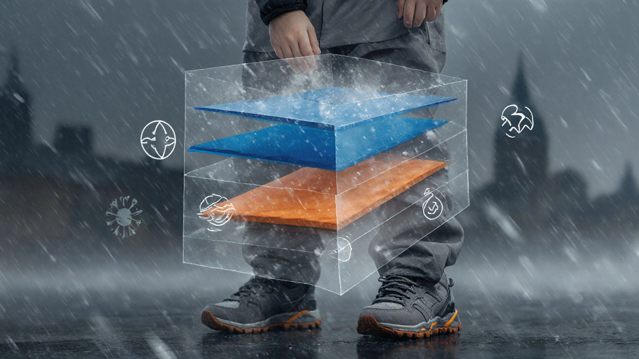 Концептуальное изображение слоёв детской осенней одежды, плавающих вокруг ребёнка в ветреную погоду с символами дождя и снега.