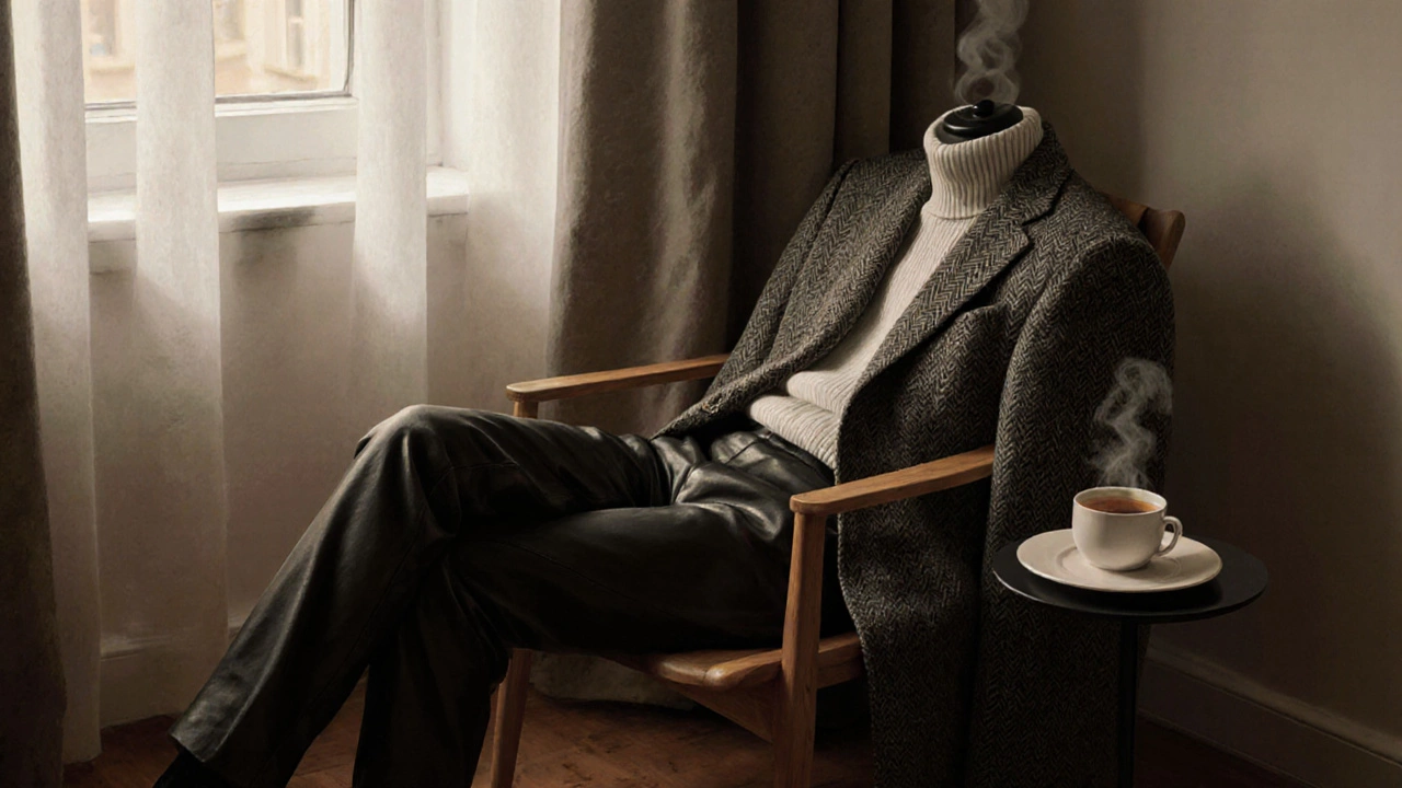 Кожаные брюки, свитер и твидовый пиджак на деревянном стуле в минималистичной квартире.