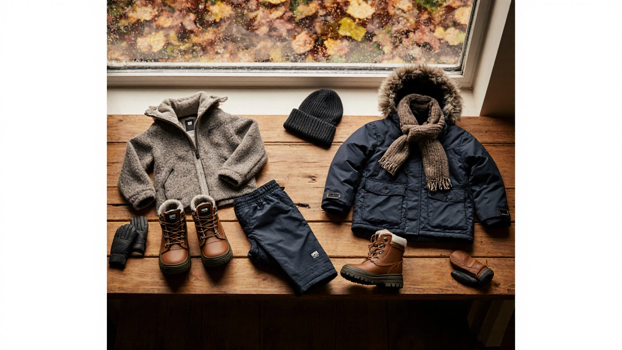 На деревянной скамейке лежит осенняя детская одежда: термобелье, брюки, куртка, ботинки, шапка, шарф и перчатки.