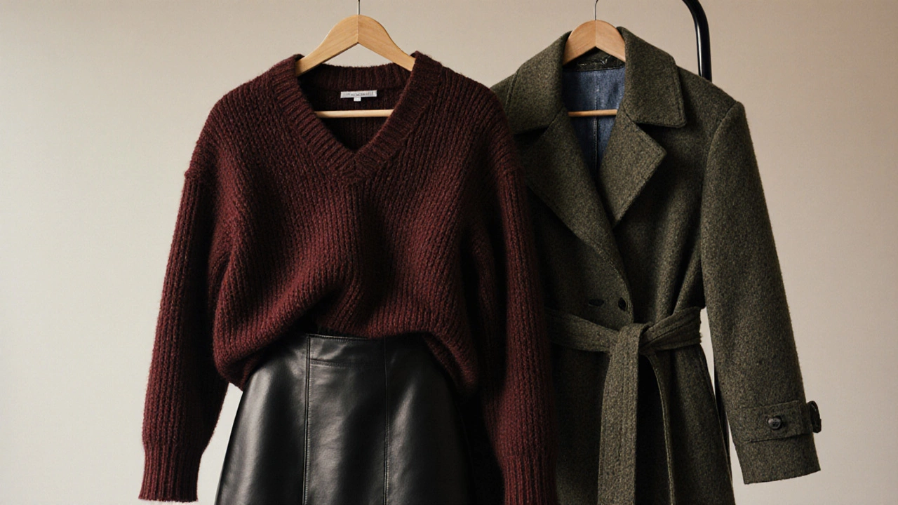 На вешалке висят кашемировый свитер, кожаная юбка-миди и шерстяное пальто — детализированные текстуры тканей и кожи.