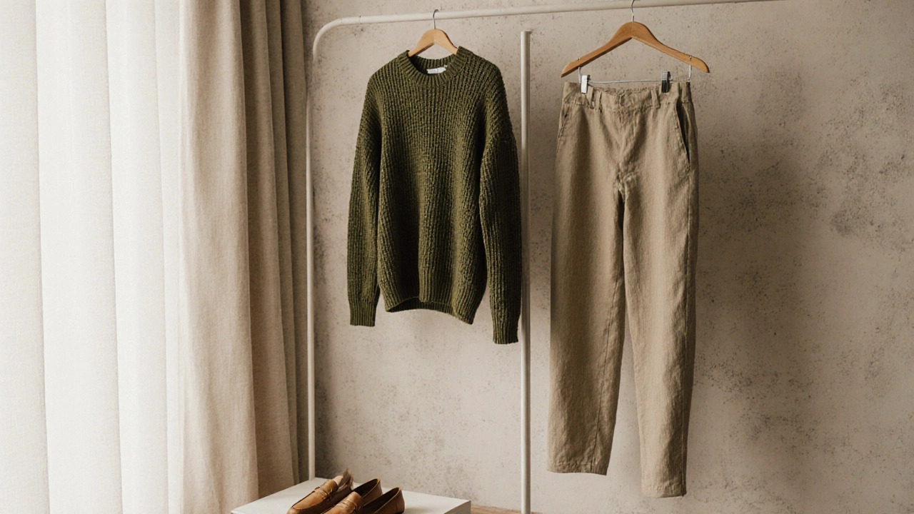 Одежда в стиле софт на деревянных вешалках в спокойном интерьере магазина