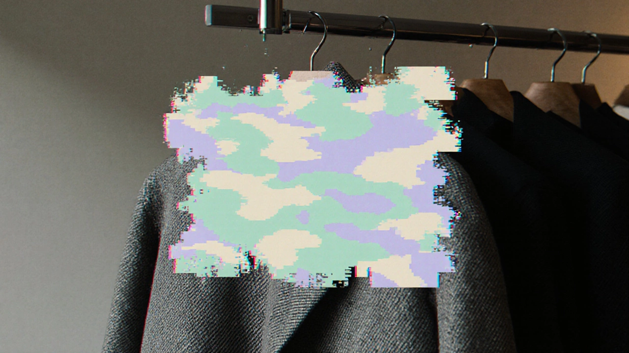 Пиксельный пастельный камуфляж, растворяющийся в цифровом шуме, на пальто в бутике.
