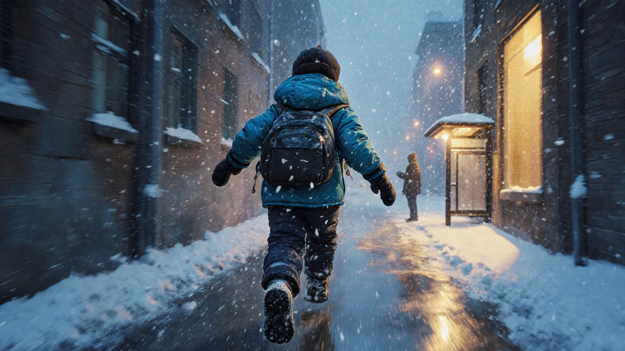 Ребёнок бежит по заснеженной улице в утеплённых брюках с защитой на коленях.