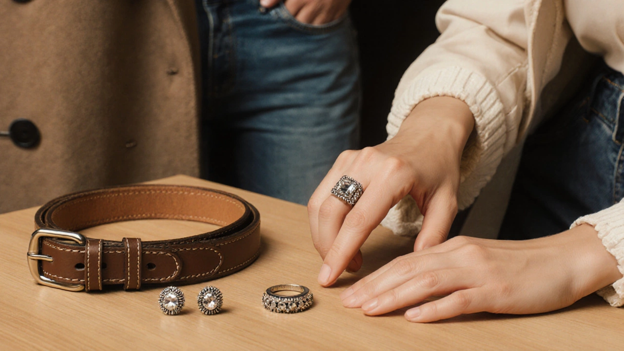 Рука кладет кольцо, пояс и серьги-гвоздики на деревянную поверхность