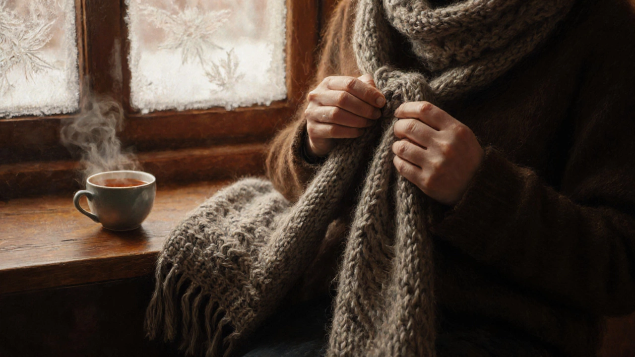 Руки с вязаным шарфом на фоне окна с инеем, чашка чая и тёплый свет.