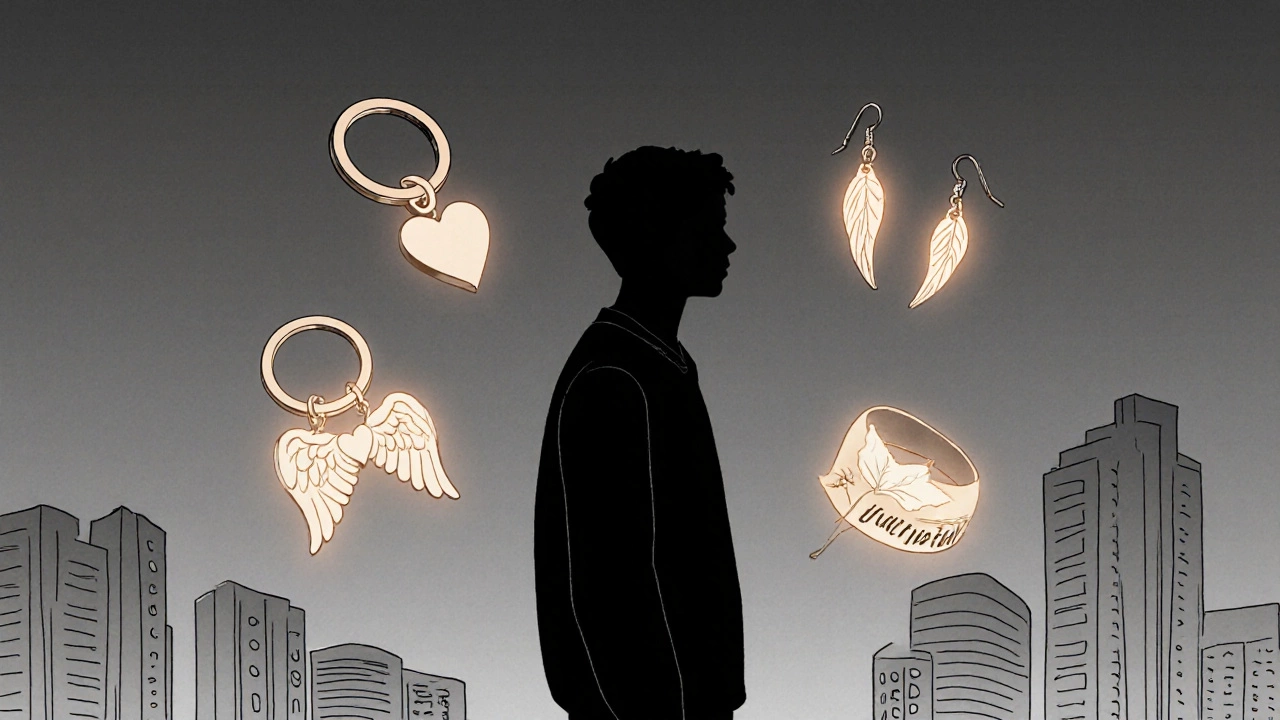 Силуэт человека с символическими аксессуарами, светящимися в сером городе.