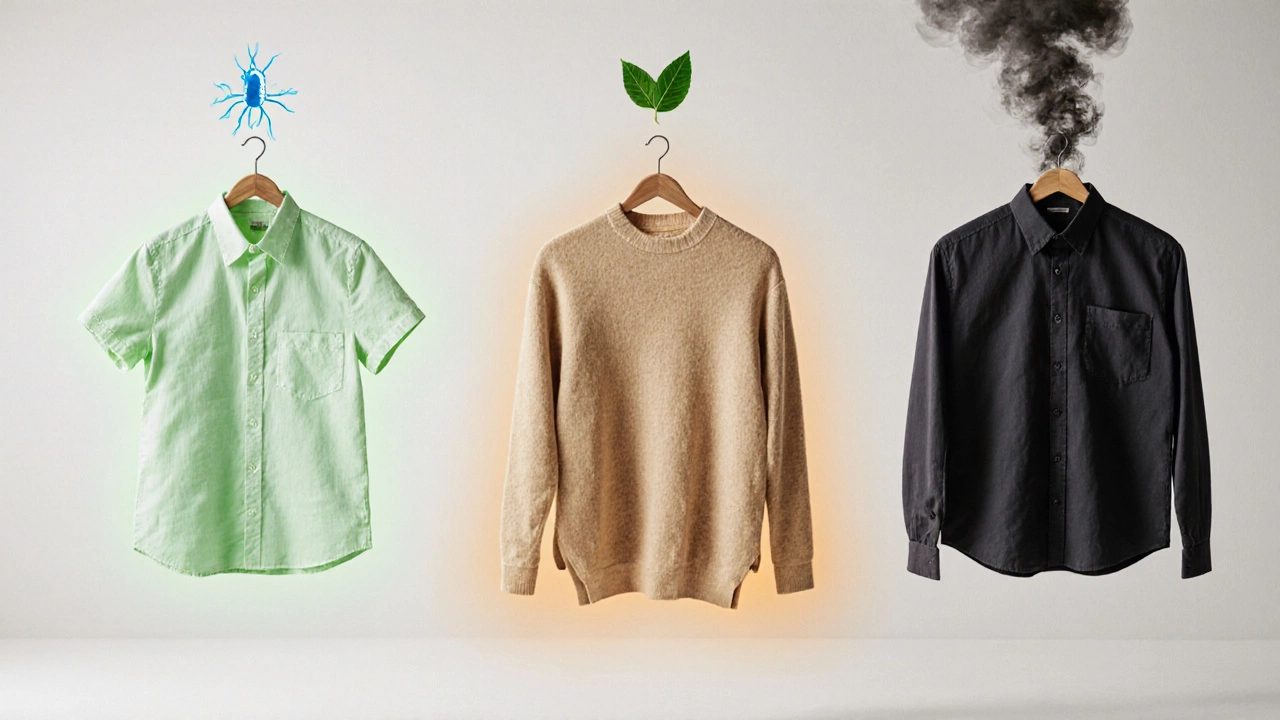 Три одежды в белой комнате: тенсель и меринос светятся, полиэстер темнеет — символ устойчивости к запаху.