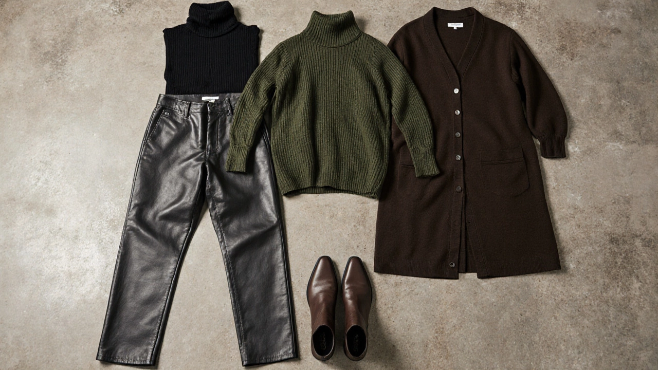 Три пары кожаных брюк в тёплых оттенках с аксессуарами на бетонном полу.