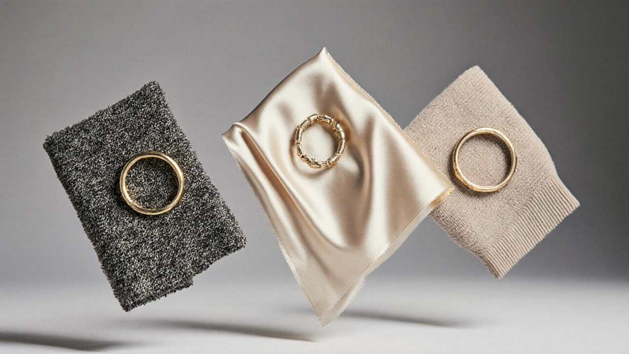 Три ткани — твид, атлас и кашемир — парят в воздухе, рядом тонкий браслет на шелке.