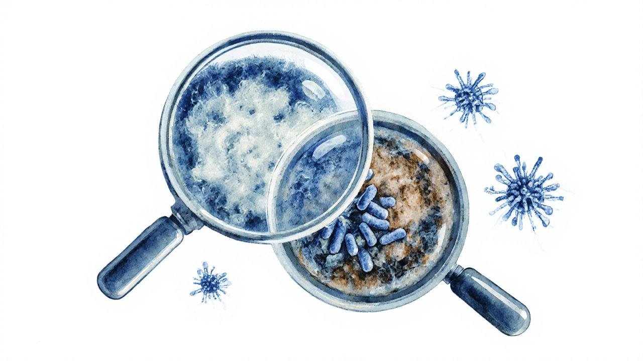 Увеличенное изображение волокон мериноса и хлопка с бактериями, показывающее разницу в удержании запаха.