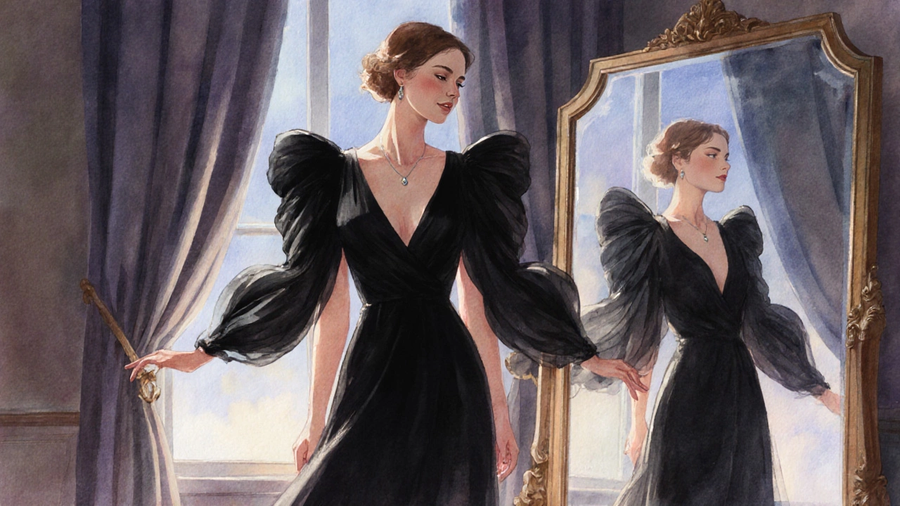 Женщина в черном шелковом платье с рукавами-бабочка и глубоким V-вырезом, смотрящая на себя в зеркало.