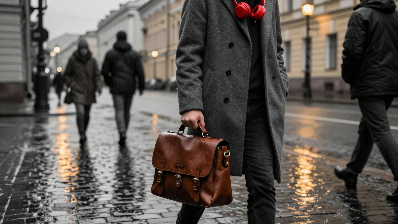 Человек на мокрой петербургской улице с красными наушниками на шее и кожаной сумкой-мессенджером.