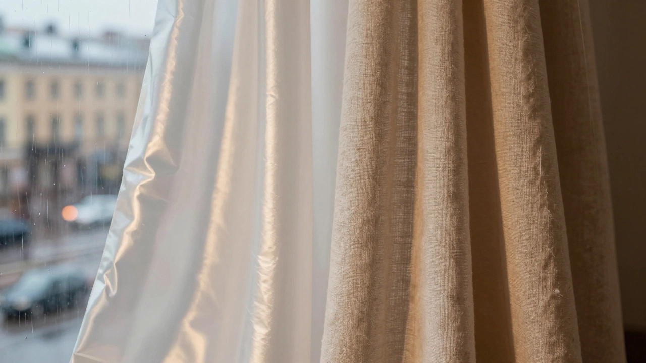 Два куска ткани: блестящая синтетика и матовый лён, на фоне дождливого городского пейзажа.