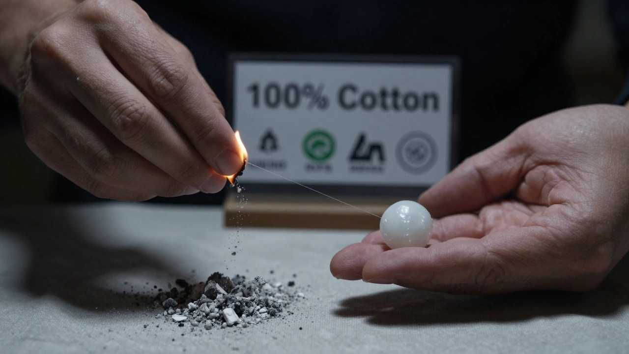 Две руки сравнивают горящий хлопок и плавящийся синтетический волокно, на фоне этикетки с сертификатами.