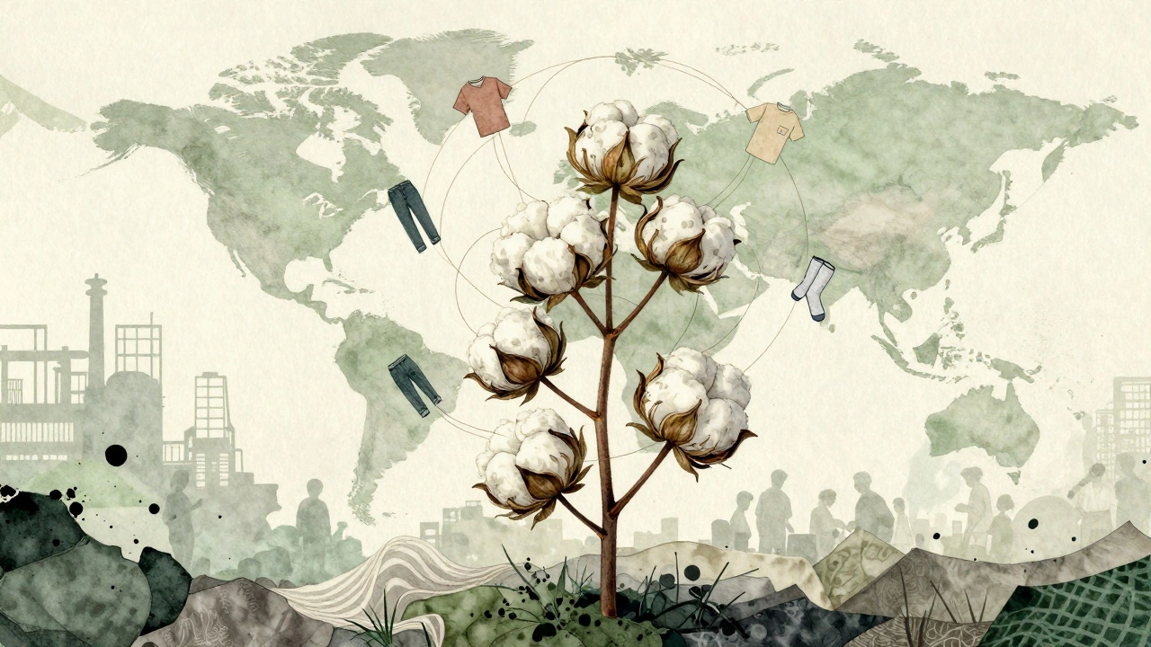 Хлопковое растение с волокнами, превращающимися в одежду, вокруг — силуэты производств и синтетических тканей.