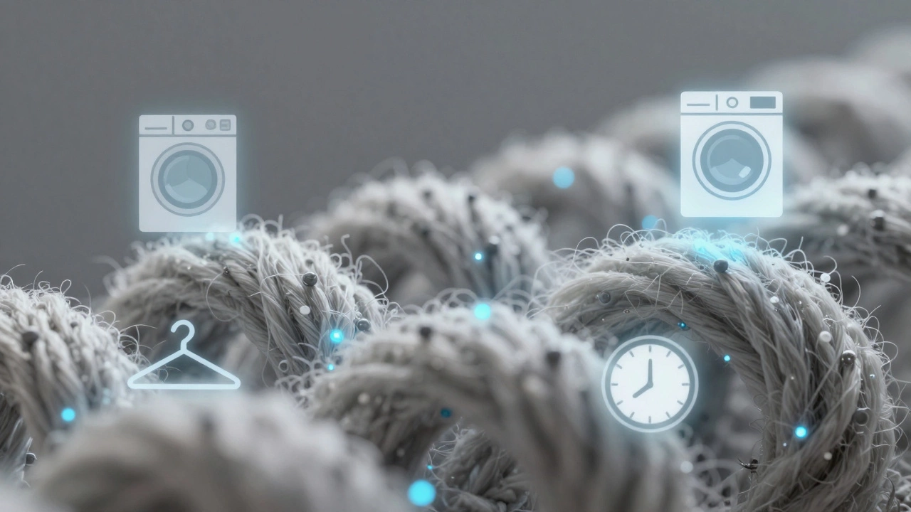 Микроскопическое изображение волокон с антискладочным покрытием и символами ухода.