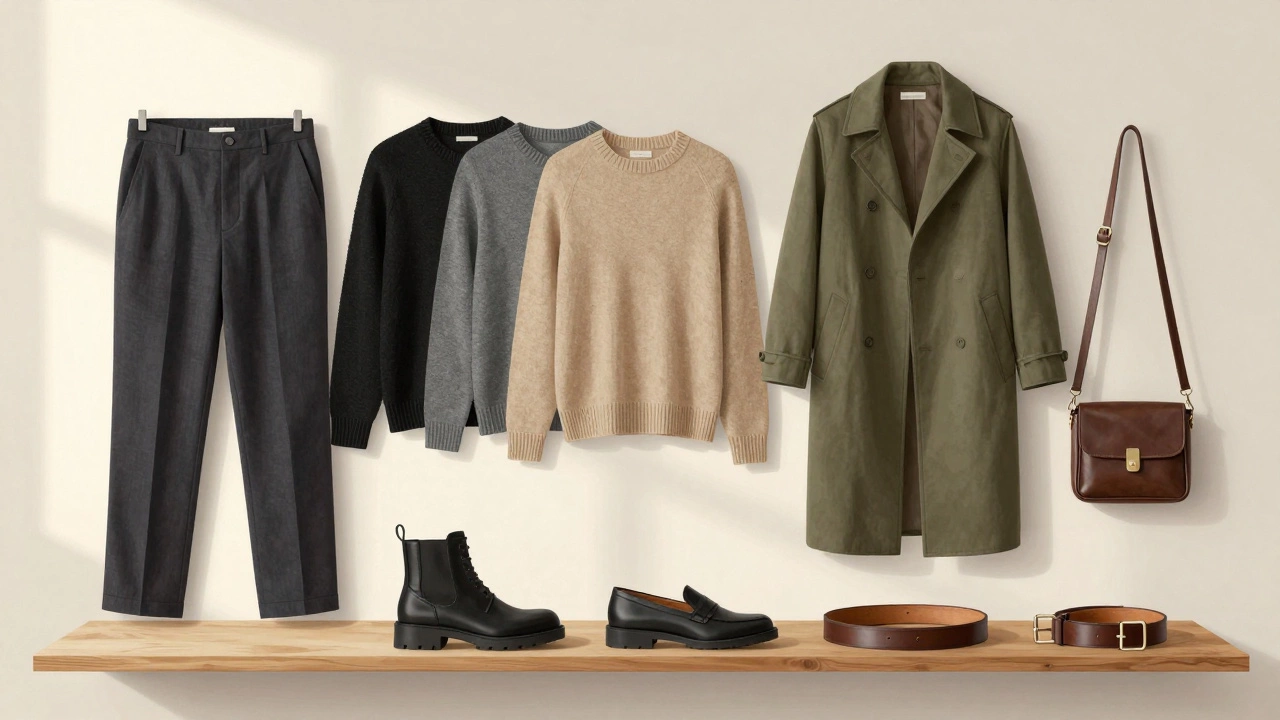 Минималистичный гардероб мужчины: брюки, свитера, пиджак, куртка, обувь и сумка, расположенные на деревянной полке.