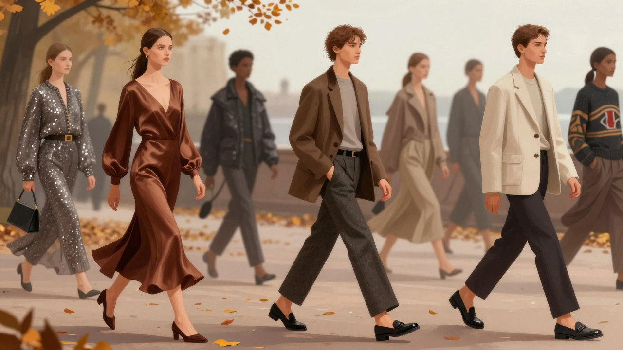 Модели на улице Санкт-Петербурга в одежде 2024 года, позади — размытые силуэты устаревших стилей.