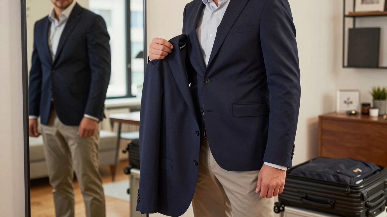 Мужчина надевает пиджак из ткани, не требующей глажки, в современной обстановке.