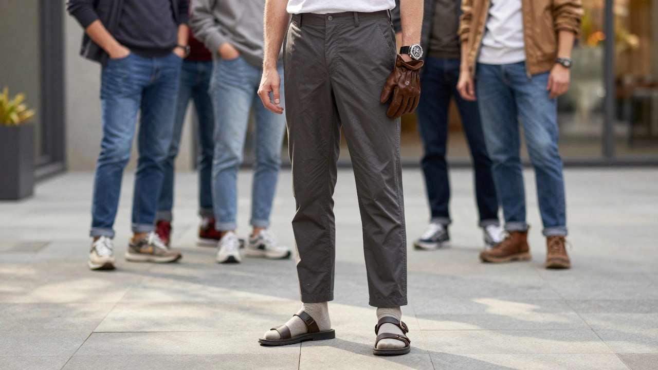 Мужчина в технических брюках и сандалиях с тонкими носками, стоит в городском дворе, рядом — размытые фигуры в устаревшей моде.