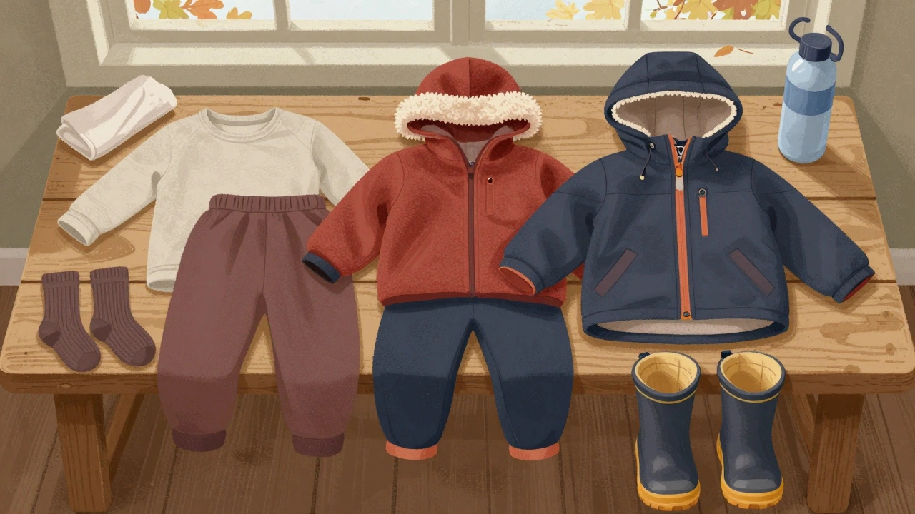 Осенью детская одежда слоями: термобелье, флис, куртка, шапка, перчатки и ботинки, аккуратно разложены на деревянной скамейке.