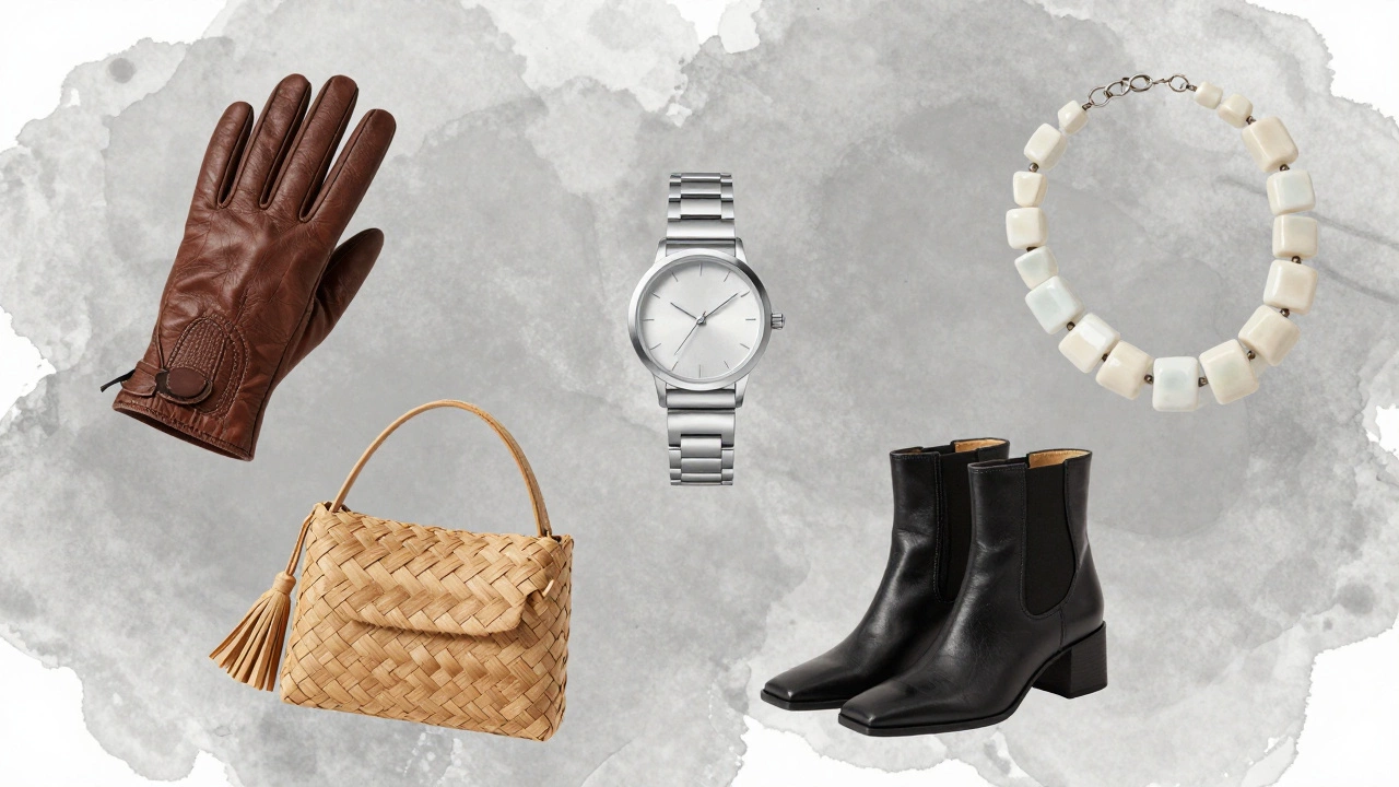 Пять категорий аксессуаров: перчатки, часы, сумка, ботильоны и ожерелье, изображенные в круговой композиции на нейтральном фоне.