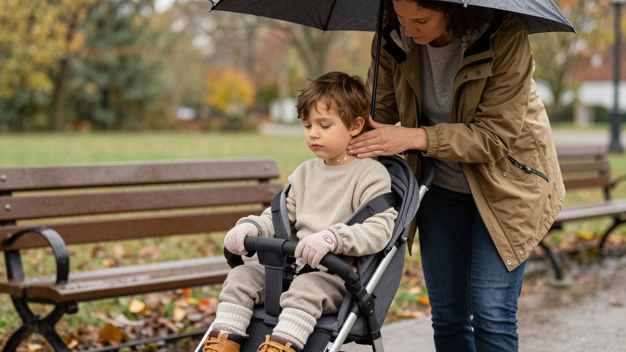 Родитель проверяет шею ребенка на влажность во время осенней прогулки: ребенок в термобелье, флисе и водонепроницаемой куртке, держится за коляску.