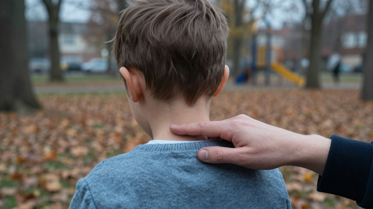 Родитель проверяет спину и шею ребенка под свитером, чтобы убедиться, что кожа сухая и теплая.
