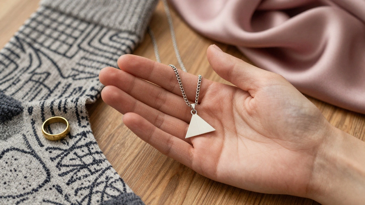 Рука с тонкой серебряной цепочкой, кольцом, вязаными носками и шелковым шарфом на деревянной поверхности.