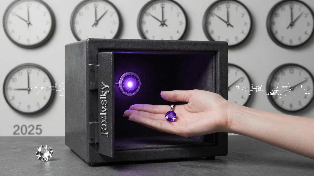 Сравнение настоящего фиолетового алмаза и его лабораторной копии в сейфе.